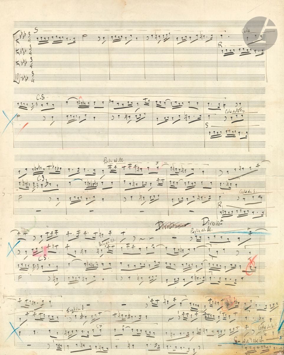Maurice RAVEL (1875-1937). Manuscrit musical autographe, [Fugue, vers 1897-1900] ; 2 pages in-fol. et 1 page oblong in-4 (légère mouillure, fente au dernier feuillet). Exercice de fugue, probablement fait dans la classe de contrepoint d André Gédalge : fugue à 4 voix en fa mineur à 3/4 : sujet, réponse, coda de la réponse, contre-sujet, divertissement, etc. Traits de crayon rouge ou bleu portés par le professeur. La fin manque.