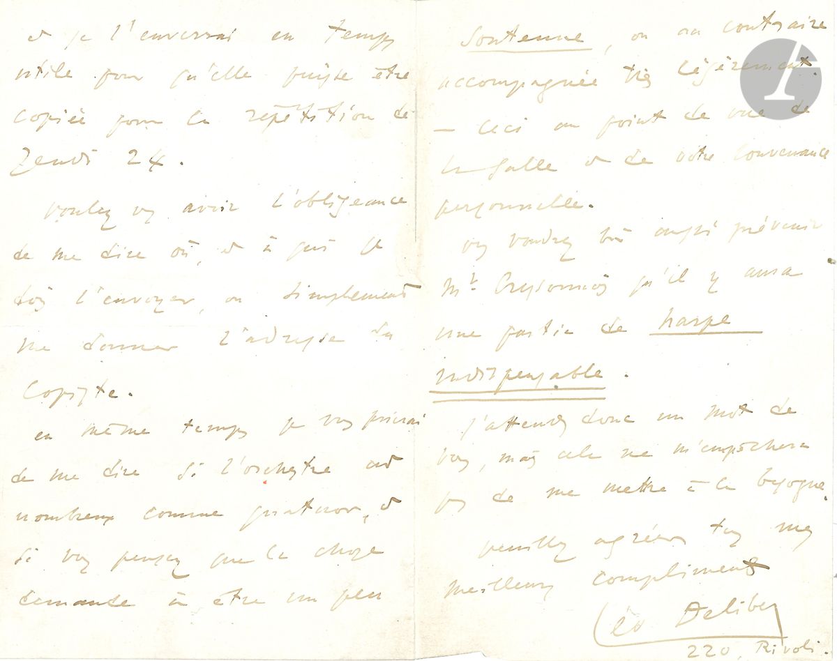 Léo DELIBES (1836-1891). 3 L.A.S. ; 6 pages in-8 ou in-12 (photographie jointe). Vendredi [1864], à Henri d Erville (auteur du prologue en vers de La Tradition de Delibes). Certainement que j accepte ! [...] Je ne pourrai guère faire mon entrée dans tes domaines que vers 6 heures, après la cantate, la représentation à l opéra, et mes Vespres. [...] Les cent voix de la renommée ont dû te dire que j étais à Bade il y a 15 jours ... Mercredi 16 janvier [1878], au baryton Léonce Valdec. Vous pouvez annoncer pour le programme du concert-Cressonnois du 27, ma mélodie intitulée Regrets que je suis très heureux de savoir à votre répertoire. D ici à la fin de la semaine je vais m occuper de l instrumentation et je l enverrai en temps utile [...] je vous prierai de me dire si l orchestre est nombreux comme quatuor, et si vous pensez que la chose demande à être un peu soutenue, ou au contraire accompagnée très légèrement. [...] il y aura une partition de harpe indispensable ... Dimanche, à une dame, concernant sa contribution à son précieux album ...