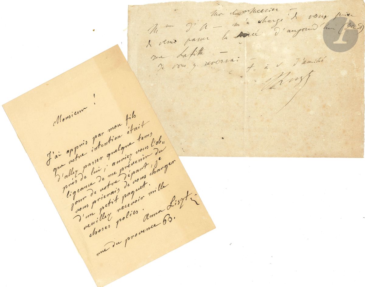 Franz LISZT (1811-1886). L.A.S., [1836?], to the sculptor Victor Mercier; half-page oblong small in-4. Mme d A- [Marie d'Agoult] has asked me to ask you to spend today's evening (Thursday) at rue Lafitte. - I shall see you there... [Victor Mercier (1810-1891) sculpted busts and medallions of Liszt and Marie d'Agoult]. We enclose 2 L.A.S. from his mother Anna Liszt, to the same address (2 and 1 pages in-8, addresses). July 28, 1837, she asks him to send a plaster medallion of Madame d'Agoult and a bust of my son to Mme Montgolfier in Lyon, a bronze medallion of Madame d'Agoult to M. Miccowitz [Mickiewicz?] and Mme Marliani, and to give a bust of my son to Karl Hallé: she is one of my son's most devoted pupils. S.d., asking him to come and take a package for Liszt, whom Mercier will be joining.