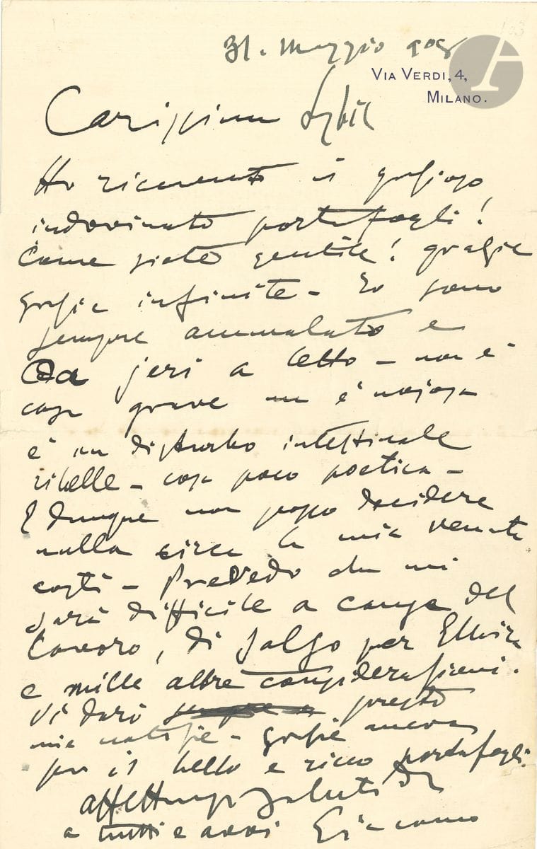 Giacomo PUCCINI (1858-1924). L.A.S. Giacomo , Milano 31 mai 1908, à Sybil Seligman à Londres ; 1 page petit in-4 à son adresse Via Verdi,4, Milano, adresse au verso ; en italien. Il a reçu le joli portefeuille, tout à fait à son goût, et remercie son amie. Il est encore malade et alité ; rien de grave, mais c est ennuyeux ; un trouble intestinal peu poétique : Io sono sempre ammalato e da ieri a letto - non è cosa grave ma è nojoso è un disturbo intestinale ribelle - cosa poco poetica . Il ne peut donc rien décider quant à sa venue, mais ce sera difficile à cause du travail et aussi à cause d Elvira et mille autres considérations... Au verso, il ajoute quelques mots à l encre rouge pour demander quand Nellie Melba chantera Tosca.