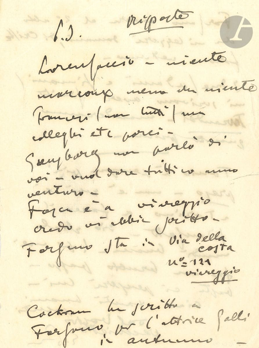 Giacomo PUCCINI (1858-1924). L.A.S., 6.3 [1917 ?] ; 2 pages in-8 ; en italien. Réponses ( Risposte ) à diverses questions. Rien sur Lorenzaccio ; Vanni Marcoux [baryton] moins que rien. Ses collègues français : des porcs. Gunzbourg [directeur de l opéra de Monte-Carlo] veut donner le Trittico l an prochain. Forzano est à Viareggio, où il travaille au 2e acte de Cristoforo, qu il lui lira le lendemain. Les deux (Adami et Simoni) ont fini Turandot... Etc. Lorenzaccio - niente. Marcoux meno che niente. Francesi (non tutti) ma colleghi etc. porci. Gunzburg non parlò di voi - vuol dare Trittico anno venturo. [...] Forzano lavore al 2° atto che mi leggeri domani, di Cristoforo - vedremo. I due (Adami e Simoni) mi scrivono aver finito Turandot ...