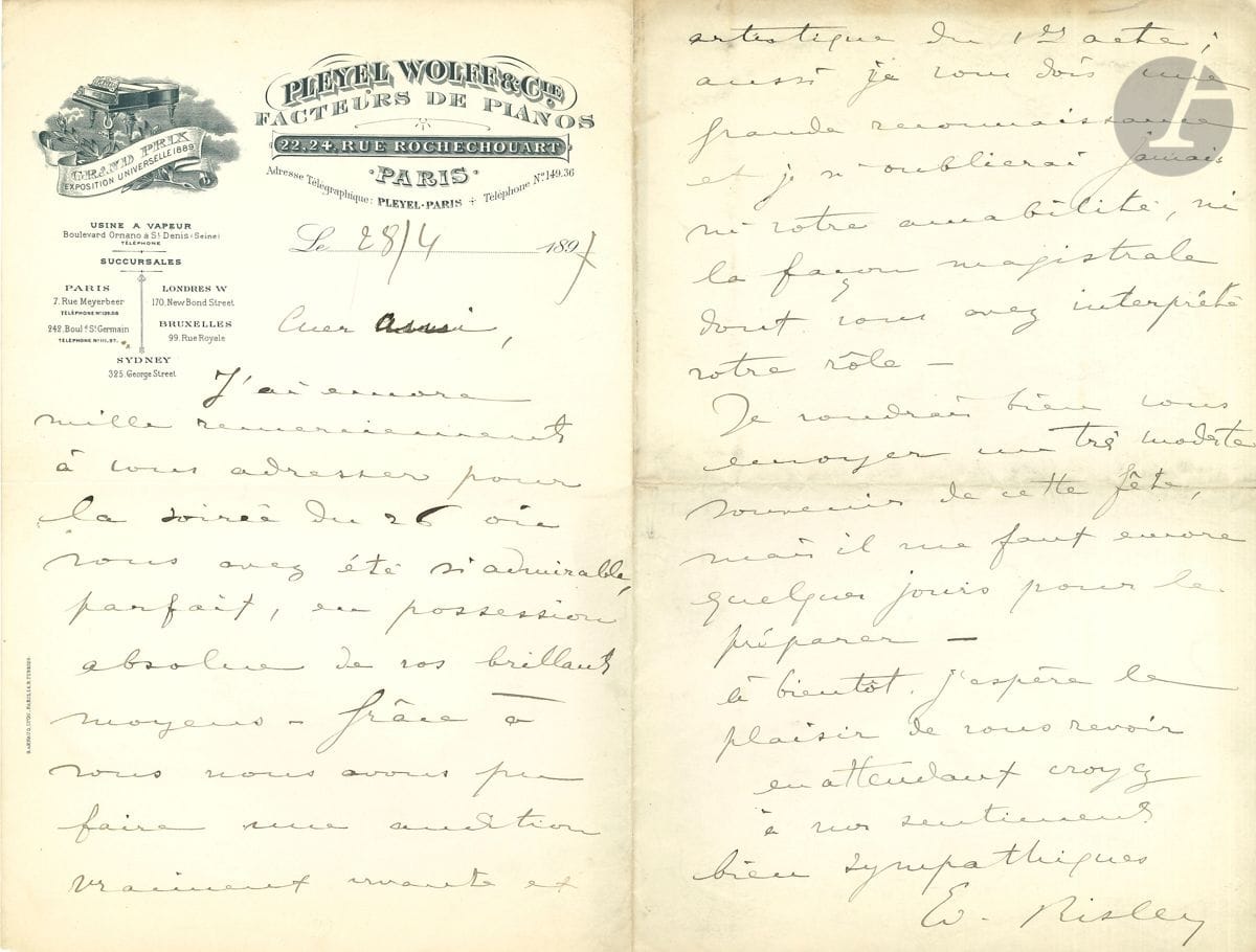 Édouard RISLER (1873-1929). L.A.S., 28 avril 1897, à un chanteur ; 2 pages in-8, en-tête et vignette Pleyel Wolff & Cie facteurs de piano. Le pianiste remercie le chanteur pour une soirée où vous avez été si admirable, parfait, en possession absolue de vos brillants moyens . L audition du premier acte a vraiment été vivante et artistique, et Risler n oubliera jamais la façon magistrale dont il a interprété son rôle... On joint une carte de visite a.s.