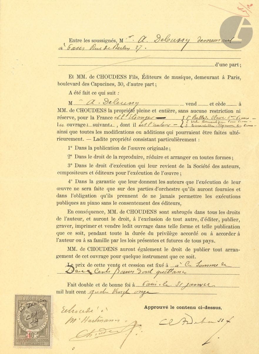 Claude DEBUSSY (1862-1918). P.S. Cl. ADebussy , Paris 24 avril 1890 ; 1 page petit in-4 en partie impr., timbre fiscal. Traité avec les éditeurs de musique MM. de Choudens Fils, à qui Claude de Bussy vend, pour la somme de 200 F, la propriété de sa Fantaisie Piano et Orchestre. Une note signée Choudens précise que l ouvrage a été rétrocédé à M. Hartmann . Correspondance, 1890-8.