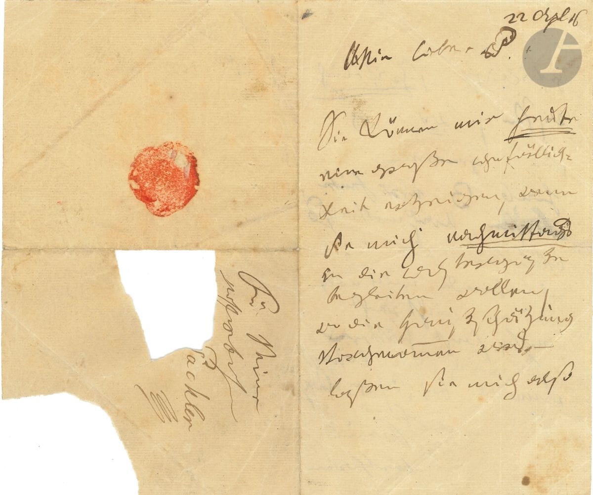 Ludwig van BEETHOVEN (1770-1827). L.A.S., 22 avril 1816, à Anton Pachler ; 2 pages in-8, adresse avec trace de cachet ; en allemand (déchirure au feuillet d adresse par rupture du cachet, légères rousseurs). Il prie Pachler de lui rendre un grand service ce jour même en l accompagnant dans l après-midi à l Alstergaße, où sera effectuée l expertise de la maison. Qu il lui dise par écrit où il peut aller le chercher vers 15h30. Il ne se sent toujours pas bien, sinon Pachler l aurait vu chez lui depuis longtemps. En hâte son ami Beethoven. Mein lieber P. Sie können mir heute eine große gefälligkeit erzeigen, wenn sie mich nachmittags in die alstergaße begleiten wollen, wo die Haußschäzung vorgenommen wird. - Laßen sie mich also gefälligst schriftlich wissen, wo ich sie gegen halb 3 uhr heute nachmittags abholen kann. Ich befinde mich noch immer nicht recht wohl, sonst hätten sie mich schon längst einmal bei sich gesehen, in Eil ihr Freund Beethoven [L avocat Anton Pachler était lié avec Beethoven depuis 1811 ; il lui avait présenté en 1816 sa belle-sœur Maria Leopoldine née Koschak (1794-1855), qui avait épousé son frère aîné, le Dr Carl Pachler, avocat à Graz ; Beethoven avait apprécié le jeu de l excellente pianiste Mme Pachler. Il s agit ici peut-être de l estimation de la succession de son frère Karl (mort le 15 novembre 1815), qui, dans son testament, lui avait confié la tutelle partagée de son fils ; on sait que Beethoven sera dramatiquement tourmenté par la tutelle de son neveu. On peut aussi penser que Beethoven cherchait une maison ; il avait habité, en arrivant à Vienne, en 1792-1793 au numéro 45 de l Alstergasse.] Publication : lettre publiée et commentée par Robert Münster, Unbekannte oder wenig beachtete Schriftstücke Beethovens , in Beethoven-Jahrbuch (Jahrggang 1978/1981, Beethovenhaus Bonn, 1983, p. 50-54) ; tirage à part joint, avec un portrait. Provenance : collection de Josephine Rudolph-Tichatscheck (1841-1912, fille du ténor Josef Tichatscheck) ; don par elle ( Tante Rudy ) au ténor belge Ernest Van DYCK (1861-1923) ; puis descendance. [Voir nos 214-216].
