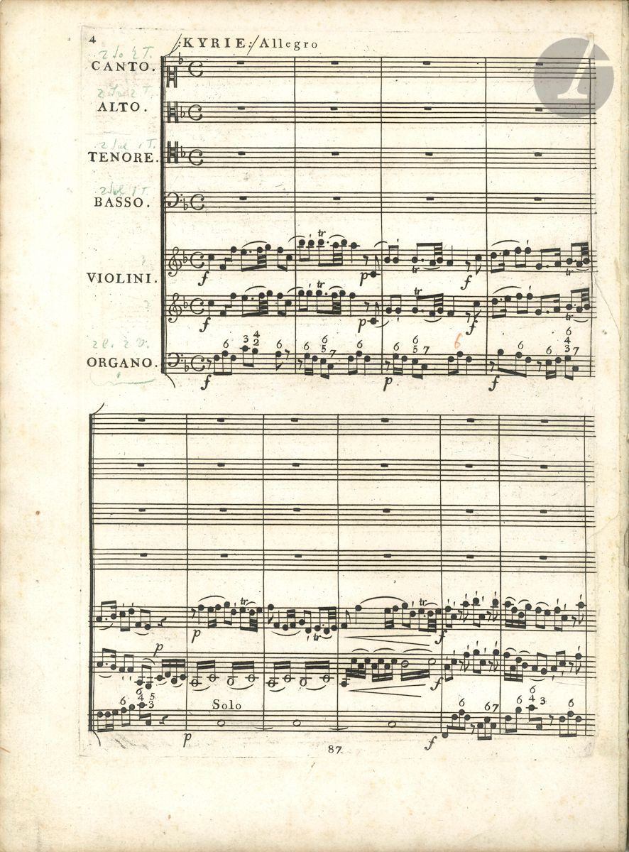 Wolfgang Amadeus MOZART (1756-1791). Messa posta in Musica dal Signore W.A. Mozart. Spartizione N° 1 (Vienne, Hoffmeister ; Leipzig, Bureau de Musique, [1802] ; cotage 87) ; in-fol., [1 f.], 47 p., cartonnage de l époque de papier fort brun avec étiquette ms de titre sur le plat sup., sous chemise de protection toilée. Première édition de la Missa brevis KV 192 (186f) pour 4 voix, 2 violons et orgue, n° 1 de la Collezione di Musica di Chiesa. Musique gravée. Une des toutes premières éditions de la musique d église de Mozart. G. Haberkamp, Die Erstdrucke der Werke von Wolfgang Amadeus Mozart, p. 96-97.