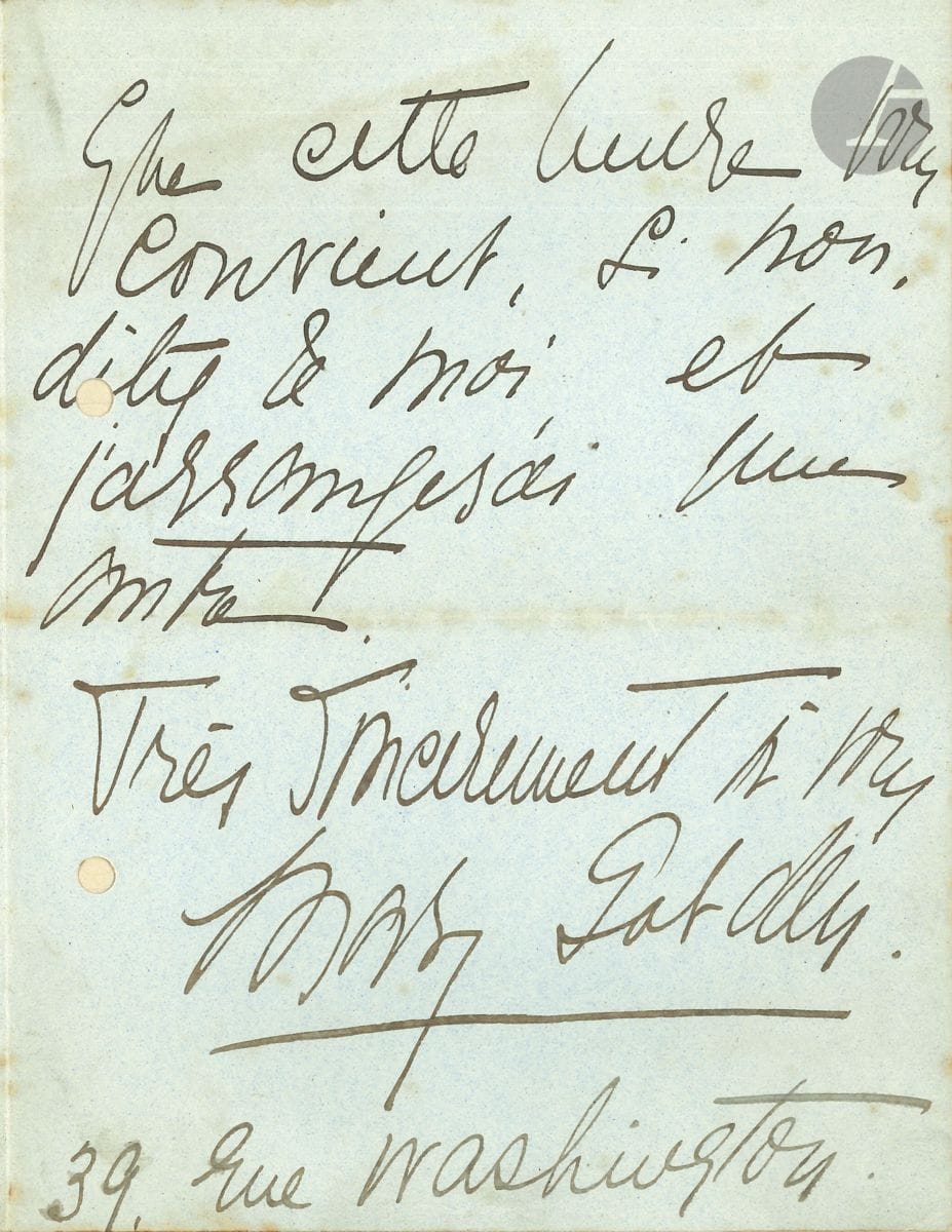 Mary GARDEN (1874-1967). L.A.S., [Paris] 39 rue Washington ; 2 pages in-8 à son chiffre (trous de classeur). Elle sera heureuse de recevoir chez elle son correspondant jeudi vers 6 heures.