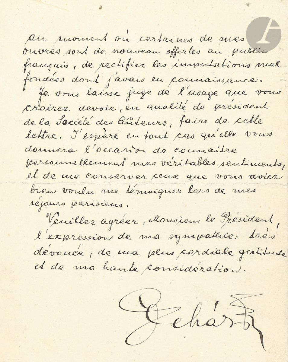 Franz LEHÁR (1870-1948). L.A.S., Wien 12 février 1922, à Robert de Flers ; 4 pages in-8 à son en-tête ; en français. Protestation contre des calomnies et des attaques contre lui par Henri Christiné. [Robert de Flers, alors Président de la Société des Auteurs et Compositeurs dramatiques, avait écrit l adaptation française des livrets de deux célèbres opérettes de Lehar, La Veuve Joyeuse et Le Comte de Luxembourg.] Il a appris que divers bruits calomnieux étaient colportés contre moi en France et que certains journaux s étaient même fait l écho d attaques dirigées contre ma personne et mon honneur d artiste. Je n ai pas à défendre ici la cause de l opérette dite viennoise ; je ne puis parler que des miennes et si ma musique déplait au distingué auteur de Phi-Phi [Christiné], j en suis désolé, mais il vaut mieux pour nous deux que la sienne et la mienne soient assez différentes pour que le public s en rende facilement compte . Quant à son attitude pendant la guerre, il dément avoir donné sa signature à un manifeste politique quelconque dirigé contre la France , et il n a pas été mobilisé contre la France ; tout au plus a-t-il été, au début de sa carrière, chef de musique militaire ... En ce qui concerne ma nationalité, je n en ai jamais changé et ce n est pas moi qui ai morcelé l ancienne Autriche-Hongrie qui était ma grande patrie. Mon père était originaire de Sternberg (Moravie, aujourd hui Tchécoslovaquie) et c est là que j ai moi-même toujours eu mon droit d indigénat. Je suis né à Komárom, ville du royaume de Hongrie, aujourd hui tchécoslovaque ....