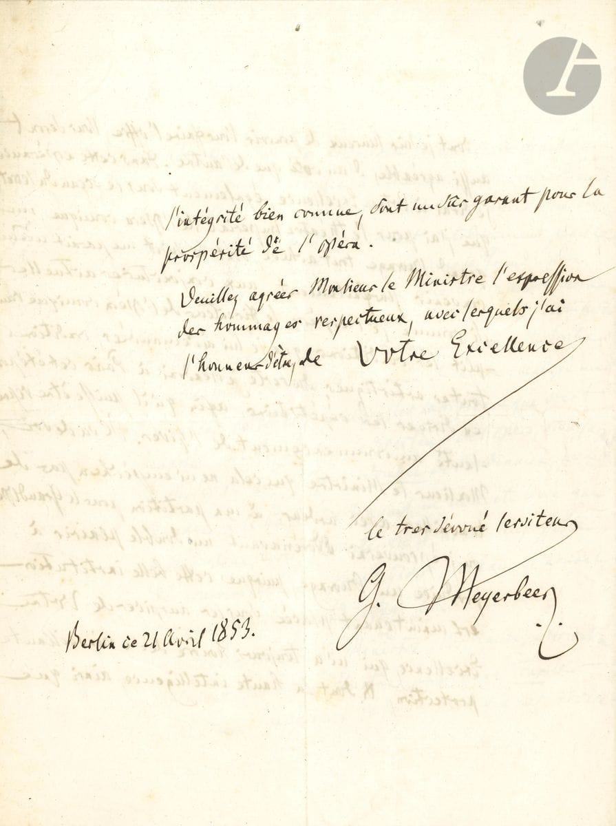 Giacomo MEYERBEER (1791-1864). L.A.S., Berlin 21 avril 1853, au ministre de l Instruction publique [Hippolyte Fortoul] ; 4 pages in-4 à son chiffre. Au sujet de ses futurs projets : L Africaine, et L Étoile du Nord (qui sera créée à l Opéra-Comique le 16 février 1854 ; L Africaine ne sera créée à l Opéra que le 28 avril 1865, après la mort du compositeur). Il remercie le Ministre pour sa confiance, et veut lui confier mes secrets les plus intimes d auteur , mais en lui demandant de ne rien en dévoiler : Vous connaissez les désagréments & les désavantages qui peuvent résulter d une publication trop prématurée des projets d un artiste [...] J ai à la vérité un libretto pour le Grand Opéra [L Africaine] ; cependant il a été retouché de telle façon par M. Scribe, que c est devenu un ouvrage tout nouveau à recomposer. [...] ce travail ne m a été livré que depuis deux mois, de sorte qu il m est impossible de pouvoir terminer pour l hiver prochain ce nouvel ouvrage qui comprend cinq actes . Mais il confie, sous le sceau du secret , avoir pour le théâtre Impérial de l Opéra comique un grand ouvrage tout achevé, dont le sujet me parait même convenir parfaitement aux conjonctures actuelles. Si comme je l espère, le Directeur de l Opéra comique remplit les conditions que je lui ai demandées, conditions toutes artistiques du reste, je viendrai à Paris cet été pour en diriger les répétitions, afin qu il puisse être représenté au commencement de l hiver. [...] cela ne m empêchera pas de travailler avec ardeur à ma partition pour le Grand Opéra, où j éprouverai dorénavant un double plaisir à produire un ouvrage, puisque cette belle institution est maintenant placée sous les auspices de Votre Excellence, qui m a toujours honoré de sa bienveillante protection ... On joint une L.A.S. à Mme Thérèse Célérier, Jeudi soir [début janvier 1864] (1 p. in-8, une enveloppe jointe), lui offrant une loge pour la brillante reprise du Moïse de Rossini : Je suis toujours un peu indisposé & par ces grands froids je sors peu, voila pourquoi je ne suis pas encore venu vous souhaiter la bonne année en personne ...