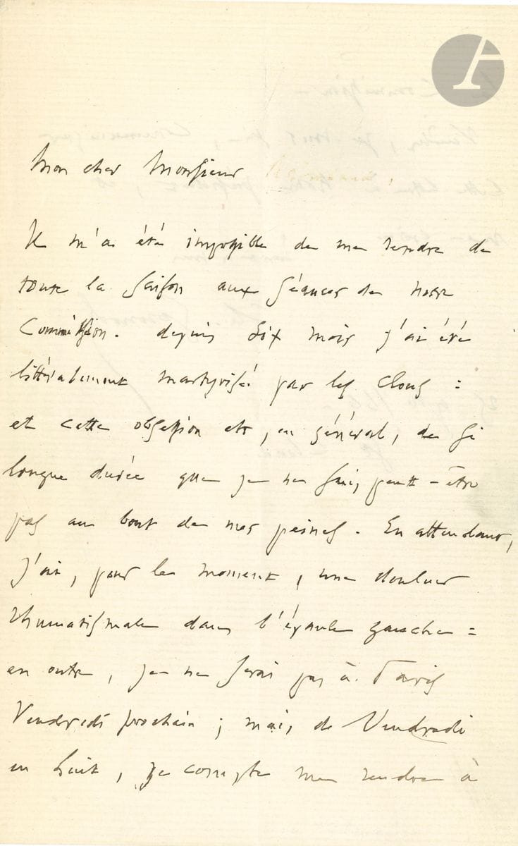 Charles GOUNOD (1818-1893). L.A.S., Saint-Cloud 25 novembre 1866 ; 1 page et demie in-8. Il n a pu se rendre aux séances de la Commission. Depuis six mois j ai été littéralement martyrisé par les clous : et cette obsession est, en général, de si longue durée que je ne suis peut-être pas au bout de mes peines . Il a une douleur rhumatismale dans l épaule gauche , mais espère venir à la Commission vendredi en huit.