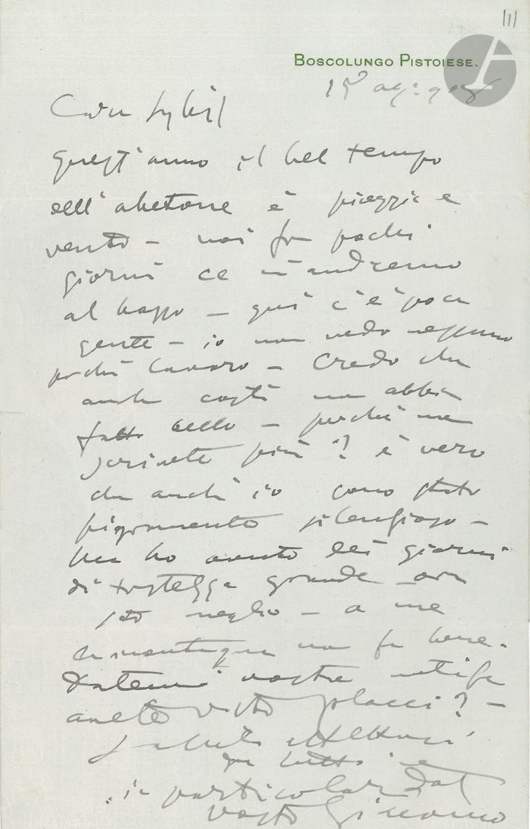 Giacomo PUCCINI (1858-1924). L.A.S. Giacomo , Boscolungo Pistoiese 15 août 1908, à Sybil Seligman à Saint-Moritz ; 1 page petit in-4, adresse au verso ; en italien. Cette année le beau temps à Abetone c est de la pluie et du vent. Dans peu de jours, il redescendra. Il y a peu de monde ; il ne voit personne, il travaille : io non vedo nessuno perchè lavoro . Il pense que son amie n a pas eu beau temps. Pourquoi n écrit-elle pas ? Il est vrai qu il a été silencieux par paresse ; il a eu des jours de grande tristesse ; la montagne ne lui fait pas de bien : è vero che anchio sono stato pigromento silenzioso. Ma ho avuto dei giorni di tristezza grande - ora sto meglio - a me la montagna non fa bene ... Il ajoute quelques mots au verso, apprenant que Tosti est en Italie...