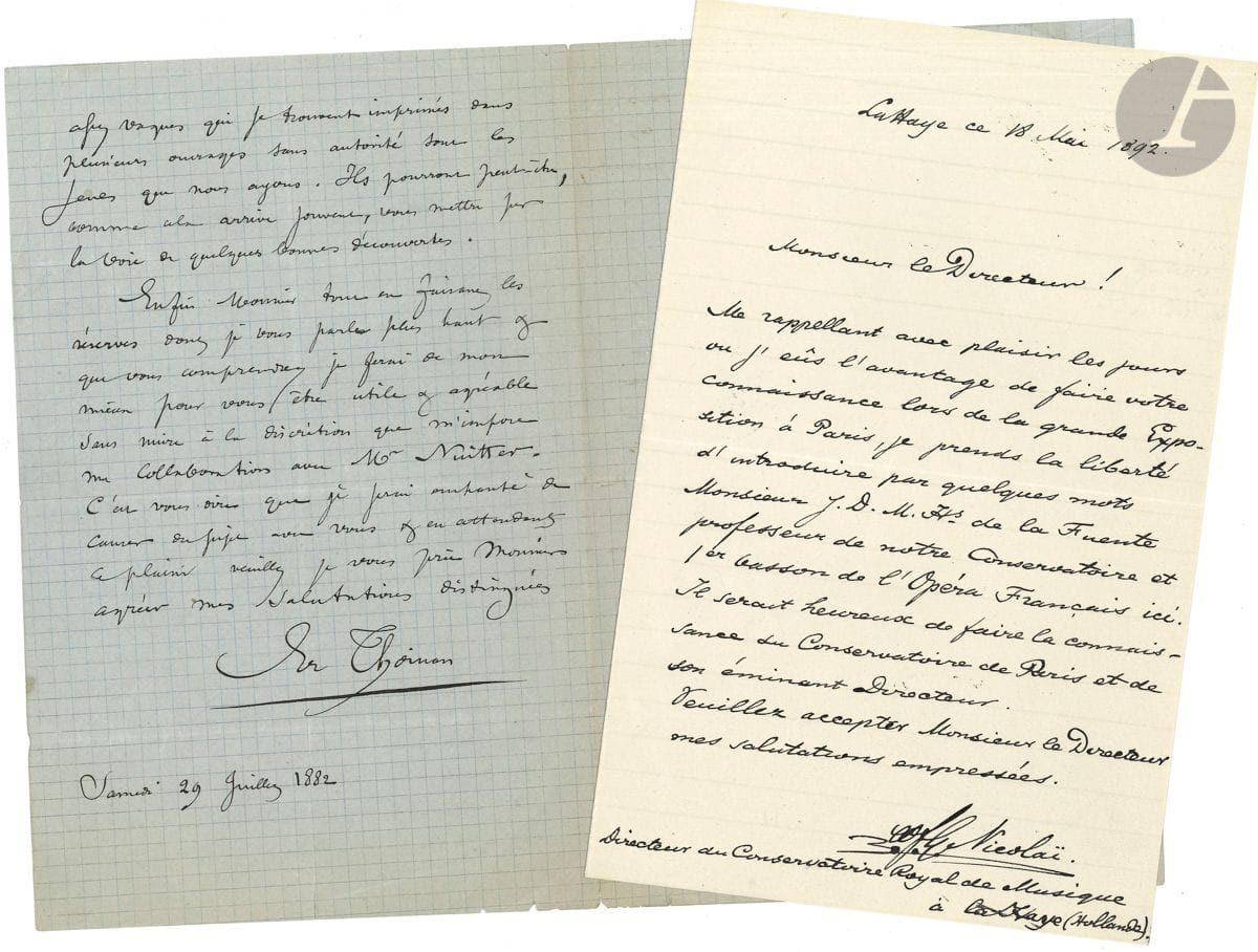 MUSIQUE. 10 lettres, la plupart L.A.S. A. Bourgault-Ducoudray, Robert Bernard (2 cartes a.s.), Gustave Charpentier (1935, l.s. à A. Acremant, au sujet de son procès contre Salabert), J.D.H. de La Fuente (à Ambroise Thomas, 1892), F.G. Nicolai (La Haye, 1892), Ernest Thoinan (2, au sujet de son travail sur les origines de l opéra français, et sur le marquis de Sourdéac), Julien Tiersot (à propos de la messe de Brumel), André Wormser...