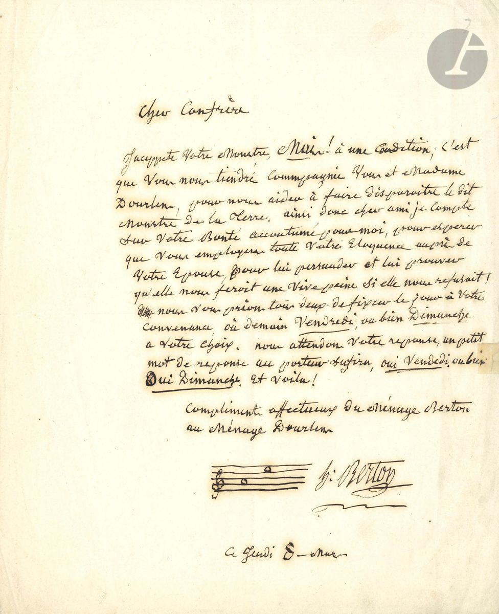 MUSICIANS. 5 L.A.S. Henri Berton (à un confrère, à propos d'un monstre , with 2 musical notes (la, mi [l'ami]), Théodore Dubois (15.XII.1884, à propos d'Aben Hamet), Louis Ganne (à Choudens), Henri Rabaud (26 oct. 1932), Henri Reber ( on est obligé de donner des leçons au lieu de composer ...).