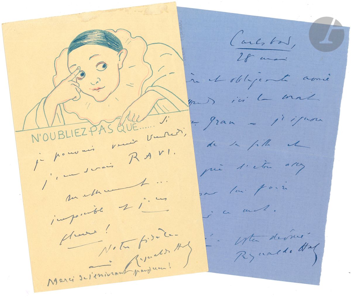 Reynaldo HAHN (1874-1947). 7 L.A.S., [1923-1925 et s.d.], à Rachel Boyer ; 8 pages in-8 ou in-12, une vignette, 3 adresses. Amicale correspondance à l actrice Rachel Boyer (1864-1935). [1920 ?]. Les jours passent et le ministère des Beaux-Arts ne décore toujours personne. Avons-nous quelque chance de savoir si Proust sera parmi les élus ? Croyez-vous qu il faille encore se remuer et, par exemple agir auprès de la Gde Chancellerie ? ... - Ah ! décidément, c est la série noire ! J ai invité deux journalistes (moi qui les déteste !) À venir déjeuner mardi. Il faudra bien que nous finissions par conjurer ce mauvais sort ! ... - Il n y a pas à dire : je suis encore hideux à voir, yeux maquillés de violet, g..... de travers, lèvres grenat... Je ferais peur à l orphelinat tout entier ... - Cette eau de toilette M ENIVRE !!! ... On joint une fin de L.A.S.