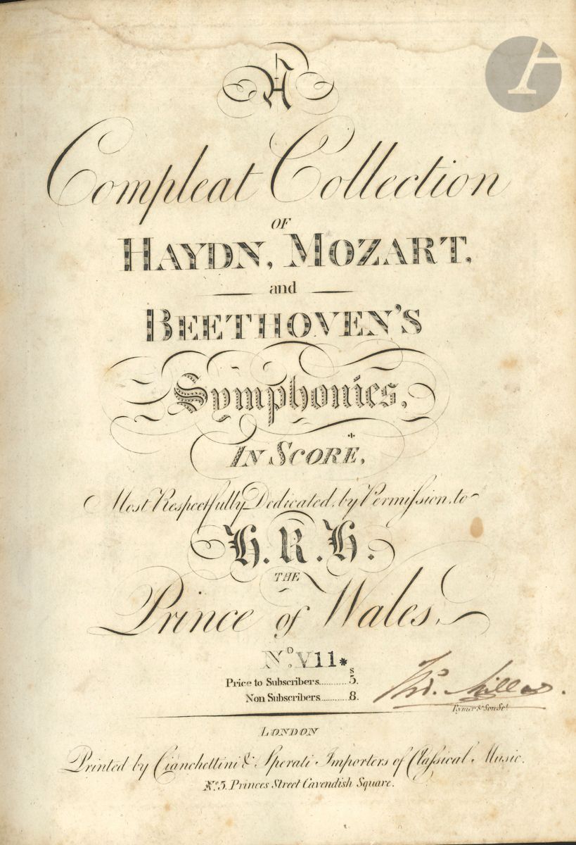Joseph HAYDN (1732-1809). Symphonies VII-XII et XIII-XVIII (Londres, Cianchettini & Sperati, [1807-1809] ; 2 volumes in-8, rel. toile brune, pièces de titre au dos. Partitions d orchestre de douze symphonies (Hob. I: 70, 45, 66,44, 57, 51, 90 ; Ia:14 ; I: 53, 64, 71, 75), publiées à Londres par les éditeurs d origine italienne Cianchettini et Sperati dans leur A Compleat Collection of Haydn, Mozart and Beethoven s Symphonies in Score. Premières éditions en partition d orchestre pour la plupart.