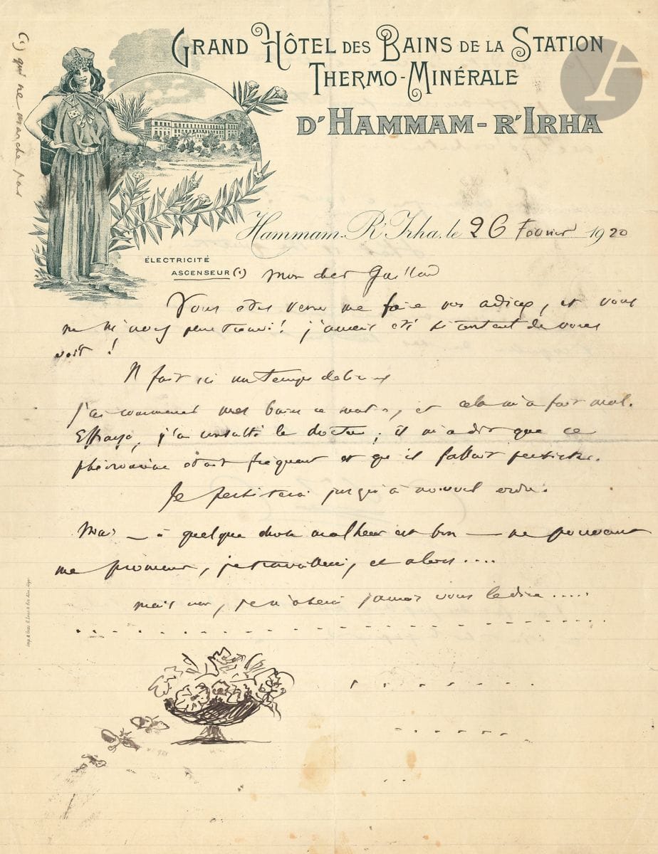 Camille SAINT-SAËNS (1835-1921). 14 L.A.S. avec musique et dessin, 1920-1921, à François Gaillard ; 22 pages in-4, une à en-tête d hôtel, une sur papier musique (quelques défauts et réparations à l adhésif). 
Belle correspondance à son ami flûtiste, pour qui il compose son Odelette, dont il lui soumet quelques extraits.
[C’est à Alger que Saint-Saëns a rencontré François Gaillard, flûtiste belge et chef d’orchestre ; Gaillard quitta ensuite Alger pour le Théâtre royal de Liège et le Théâtre des Arts de Rouen.]
Hamma-R’Irha 26 février 1920. Il a commencé ses bains ; cela lui a fait mal. « Mais – à quelque chose malheur est bon – ne pouvant me promener, je travaillerai, et alors »… Dessin à la plume d’une coupe de fleurs et fruits vers laquelle volent des papillons… « Je médite d’écrire à votre intention un petit morceau pour flûte avec acc[ompagnemen]t d’orchestre… En viendrai-je à bout ? That is the question ». Et il ajoute : « J’ai fait des papillons pour dissimuler de petites taches qui étaient sur le papier »… – 1er mars. Musique : 5 citations pour flûte d’une quinzaine de mesures en tout sur 7 portées. « Avant de passer de la préparation à l’exécution je vous soumets ces quelques passages pour que vous me disiez si vous les approuvez ou si vous désirez y faire des changements. Je recommande surtout le dernier trait à votre attention » [il s’agit de l’Odelette pour flûte et orchestre op.162]. – 5 mars. « J’ai toujours pensé que pour l’articulation votre collaboration serait nécessaire. Bien des choses d’ailleurs seront peut-être modifiées d’après vos conseils qui seuls pourront conduire l’œuvre au point voulu. Je ne dis pas à la perfection, celle-ci n’étant pas de ce monde » Il a cessé les bains qui ne lui réussissaient pas, mais reste encore « pour jouir du bon air, du silence et travailler en paix »… – 12 août. Il revient de Dieppe. « J’ai corrigé il y a quelque temps déjà des épreuves de l’Odelette ; je ne sais si elle est encore parue. Doit-on vous l’envoyer à Verviers ? »… – Paris 23 août. « Au moment où on allait imprimer votre morceau et vous l’envoyer, voilà les imprimeurs qui se mettent en grève ! On les avait déjà augmentés l’an dernier, puis au mois de mars dernier. Ils demandent 4 F 6 par heure d’augmentation. Avec ce système-là, toutes les affaires deviennent impossibles. Dès que le morceau sera terminé on vous l’enverra ». Il se réjouit de la nomination de Gaillard à Rouen : « Peut-être grâce à votre influence le Théâtre de Rouen me redeviendra-t-il favorable. Je me souviens d’y avoir vu Étienne Marcel avec un grand succès. On avait bissé le final du 1er acte est celui du 3me. Cet ouvrage commençait à prendre de tous les côtés et puis le mouvement s’est arrêté, je ne sais pourquoi. Alors, si l’on n’est pas au répertoire, les théâtres n’ont pas les décors, les artistes n’ont pas les costumes, et l’on ne vous joue pas. Et de huit ouvrages que j’ai faits on n’en joue qu’un, Samson, dont personne ne voulait à l’origine. Un seul, ce n’est vraiment pas assez. Si j’avais 25 ans, je pourrais espérer en l’avenir ; mais je vais bientôt en avoir 85 ! »… – 13 septembre. « Quand vous serez à Rouen, je vous enverrai une partition d’Étienne Marcel avec de grandes coupures qui permettent de supprimer le rôle inutile de la mère et facilitent beaucoup la représentation de l’ouvrage. Je ne puis m’habituer à voir abandonner une œuvre qui a eu à Rouen un si grand succès, qui à sa première apparition à Lyon avait eu 40 représentations consécutives. On ne le joue plus nulle part, mais on joue partout Cavalleria Rusticana… Je suis bien content que l’Odelette vous soit agréable »… – 14 septembre. Durand va envoyer la partition corrigée d’Étienne Marcel. « Je me souviens qu’à ce même Rouen, comme on m’avait demandé sur la scène après le 3me acte (que j’appelle maintenant le 4e) on m’a mis sur les bras un vase en argent rempli de fleurs et que j’étais fort embarrassé dans cette posture ! Dans ce temps-là on avait – je ne sais pourquoi – peur des 5 actes ; on avait fait deux tableaux du même acte ce qui doit être en réalité deux actes différents, le changement de décor nécessitant un entracte »… – 6 octobre. « Quant à l’Odelette, il ne faudra jamais l’exécuter autrement qu’avec orchestre ; elle perdrait tout son effet avec piano. […] Tous les flûtistes veulent jouer l’Odelette ! C’est un succès que je vous dois, car certainement sans vous je ne l’aurais jamais écrite »…Pour la fin de la fiche, voir le PDF du catalogue.