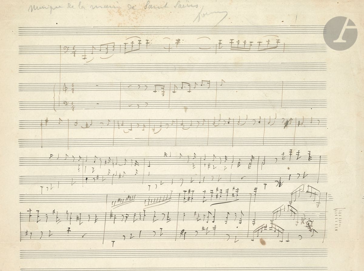 Camille SAINT-SAËNS (1835-1921). Manuscrit musical autographe ; 1 page oblong in-4 (20 x 26,5 cm). Esquisse du début d une pièce pour violoncelle et piano à 6/8. 22 mesures, notées sur 4 systèmes de 3 ou 2 portées.