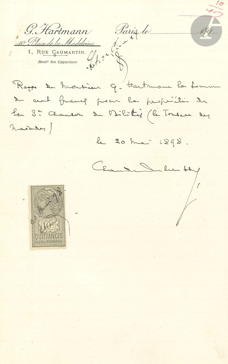 Claude DEBUSSY (1862-1918). P.A.S., May 20, 1898; half-page in-8 on G. Hartmann letterhead, tax stamp. Received from his publisher G. Hartmann the sum of one hundred francs for ownership of the 3rd Chanson de Bilitis (le Tombeau des Naïades).