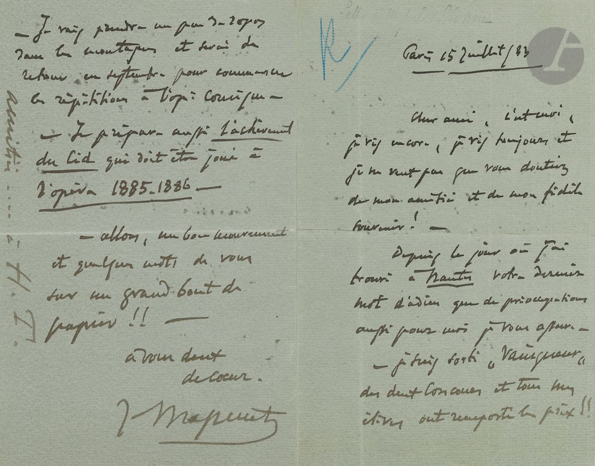 Jules MASSENET (1842-1912). 2 L.A.S., 1883-1887, [à son ami Jules Silvain à Hambourg] ; 7 pages in-8. Paris 15 juillet 1883. Il vit toujours, et est sorti vainqueur de deux concours et tous mes élèves ont remporté le prix !! [...] Ah ! J ai terminé l orchestre de Manon cette nuit - on veut passer du 15 au 20 Xbre de cette année - c est Heilbronn que j ai fait engager pour créer Manon. - Je vais prendre un peu de repos dans les montagnes et serai de retour en septembre pour commencer les répétitions à l op. comique. - Je prépare aussi l achèvement du Cid qui doit être joué à l opéra 1885 1886 ... Bruxelles 27 février 1884 ... Enfin, Manon a vu le feu de la rampe - elle le voit même trois fois par semaine devant une nombreuse assemblée. [...] Je reviens à Paris dans quelques jours, puis je retourne en Belgique pour la première de Manon. - Vous aurez appris aussi que Hérodiade se joue au th. Italien avec un vrai succès ! ... On joint 2 autres L.A.S. : Paris 7 avril 1875 (il a subi de rudes épreuves) et Bordeaux avril 1887 (recommandant à des directeurs et amis Mme de Tubino qui a une très belle voix de falcon ).