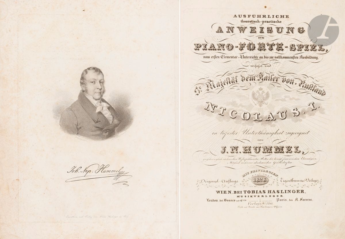 Johann Nepomuk HUMMEL (1778-1837). Ausführliche theoretisch-practische Anweisung zum Piano-Forte-Spiel, vom ersten Elementar-Unterrichte an bis zur vollkommensten Ausbildung (Wien, Tobias Haslinger, 1828 ; cotage 5201) ; in-fol., [5]-444 p., rel. moderne demi-veau brun à coins. Édition originale gravée de cette importante méthode pour le jeu du piano, en 3 parties. Elle est dédiée au Tsar Nicolas Ier. Elle comprend le portrait gravé de Hummel en frontispice, et le fac-similé d un Impromptu in Canone. Quelques légères rousseurs.
