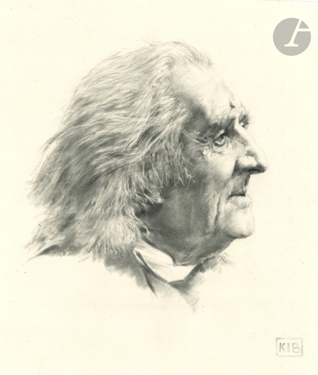 [Franz LISZT]. Konrad Immanuel BÖHRINGER (1863-1940). Dessin original, signé du monogramme en bas à droite ; fusain et estompe, 34 x 30 cm. Saisissant portrait du vieux Liszt : tête de profil.