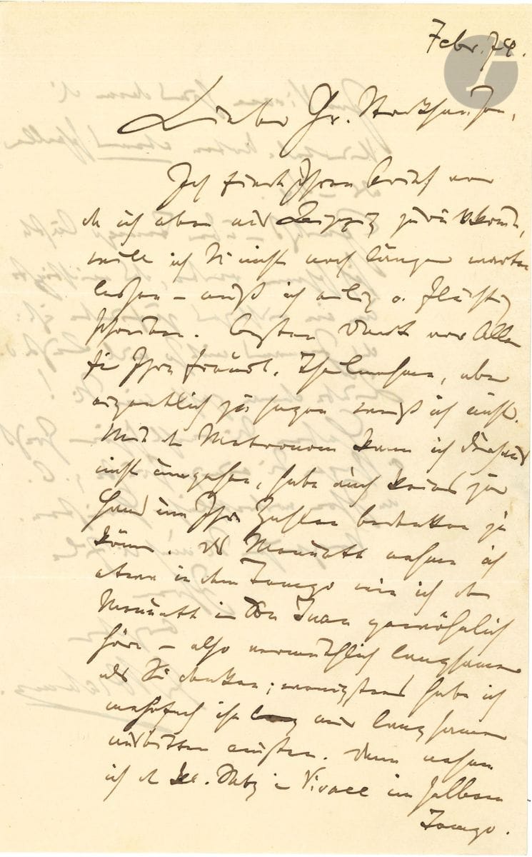 Johannes BRAHMS (1833-1897). L.A.S., février 1874, à Franz Stockhausen ; 2 pages in-8 ; en allemand. Intéressante lettre sur le métronome et le tempo de ses œuvres. [Le chef d orchestre alsacien Franz Stockhausen (1839-1926) était alors directeur du Conservatoire de musique de Strasbourg, et de la Société de chant sacré de la cathédrale. Il anima la vie musicale strasbourgeoise, en jouant notamment beaucoup les œuvres de Brahms. Son frère le baryton Julius Stockhausen, interprète réputé de lieder, était un ami intime de Brahms.] Il trouve la lettre de Stockhausen en revenant de Leipzig [tournée de concerts à Leipzig], et lui répond rapidement. Il ne sait pas du tout se servir d un métronome et il n en a pas sous la main pour mesurer les chiffres donnés par Stockhausen. Il prend le menuet à peu près au même tempo que celui qu on entend habituellement dans Don Juan - probablement plus lent qu on pense ; du moins, il a dû le demander plus lentement à plusieurs reprises. Puis il reprend le petit mouvement du Vivace au même tempo. Dans le Vivace les noires sont un peu plus rapides qu à 3/4. Enfin, il est difficile de parler de tempo, le plus important pour trouver le bon est de le faire avec passion et amour ! Et il salue l excellent corniste. Lieber Herr Stockhausen, Ich finde Ihren Brief vor, da ich eben aus Leipzig zurückkomme, will ich Sie nicht noch länger warten lassen - muss ich eilig und flüchtig schreiben. Besten Dank vor Allem für Ihre freundl[iche] Theilnahme, aber eigentlich zu sagen, weiss ich nichts. Mit dem Metronom kann ich durchaus nicht umgehen, habe auch keines zur Hand, um Ihre Zahlen betakten zu können. Das Menuett nehme ich etwa in dem Tempo wie ich das Menuett in Don Juan gewöhnlich höre - also vermutlich langsamer als Sie denken; wenigstens habe ich mehrfach ihn mir langsamer ausbitten müssen. Dann nehme ich den kl[einen] Satz im Vivace im selben Tempo. Im Vivace sind dann die Viertel-Noten etwas schneller als in 3/4. Zuletzt - über Tempo läßt sich schwer reden, das wichtigste um ein richtiges zu finden ist : daß Jemand mit so viel Lust und Liebe dran geht wie Sie! Haben Sie recht schönen Gruß und sagen Sie einige Grüsse z. B. an Ihren vortrefflichen Hornisten ...