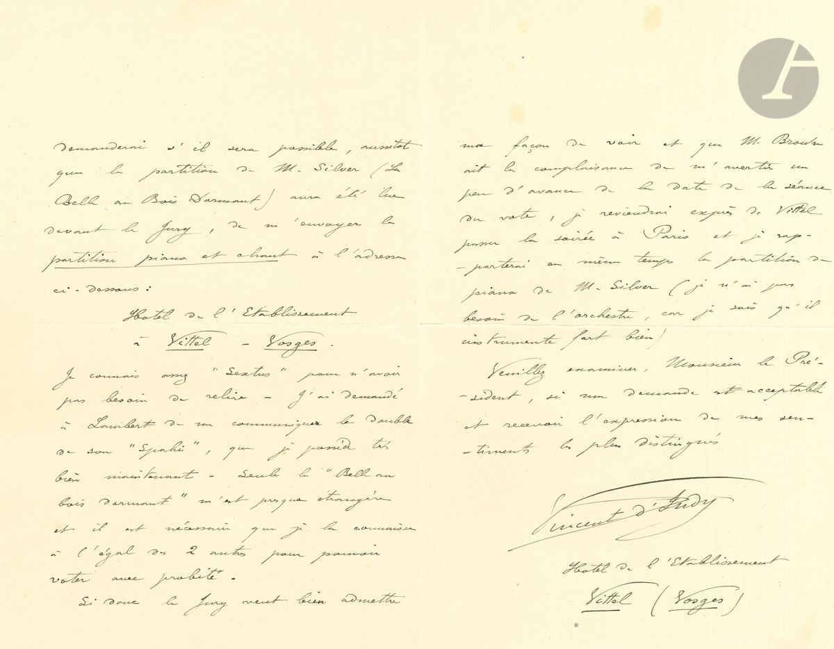 Vincent d INDY (1851-1931). L.A.S., Vittel (Vosges) 16 juin 1896, à M. Levraud, président du jury du Concours musical de la Ville de Paris ; 3 pages in-8, enveloppe. Il a dû quitter Paris, mais reviendra de Vittel pour la séance du vote définitif. Il demande qu on lui envoie la partition de La Belle au Bois dormant de Silver, en piano et chant : je sais qu il instrumente fort bien ; il connaît bien le Sextus, et Le Spahi de Lambert... On joint une P.A.S. musicale, 4 mesure de son Trio en si b (avec enveloppe à Mlle Odette Bourdillon) ; et 2 L.A.S., au sujet d une audience ministérielle, et (24 janvier 1887) concernant une répétition de la Société Nationale.