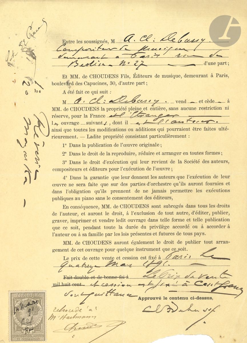 Claude DEBUSSY (1862-1918). P.S. ClADebussy , Paris 14 mars 1891 ; 1 page petit in-4 en partie impr., timbre fiscal (petite déchirure en bas sans perte de texte). Traité avec les éditeurs de musique MM. de Choudens Fils, à qui M. A. Cl. Debussy compositeur de musique demeurant à Paris rue de Berlin n° 27 vend, pour la somme de cent francs, la propriété de deux ouvrages (pour piano) : 1° Rêverie 2° Mazurka . Une note signée Choudens précise que l ensemble a été rétrocédé à M. Hartmann . Correspondance, 1891-5. On joint un traité entre les éditeurs Hamelle et Fromont (qui ont signé), 22 juin 1907, par lequel Hamelle cède à Fromont deux mélodies de Debussy sur des poèmes de Verlaine (L échelonnement des haies et Le son du cor s afflige), ainsi que la Mazurka pour piano, en échange de deux mélodies de Gabriel Fauré sur des poèmes de Verlaine (Soir et Prison).