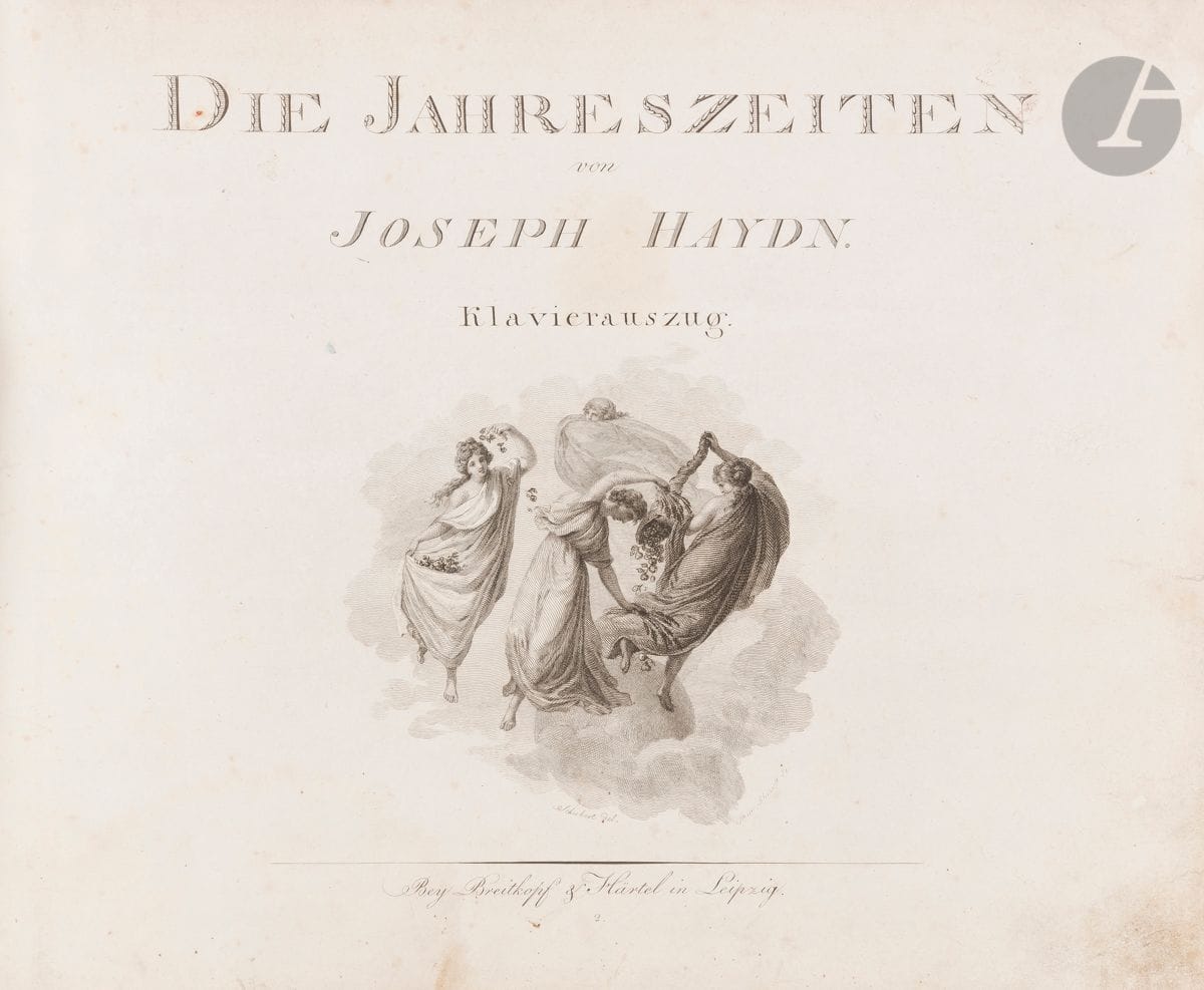Joseph HAYDN (1732-1809). Die Jahreszeiten. Klavierauszug (Leipzig, Breitkopf & Härtel, [1802]) ; in-4 oblong de [1 f. de titre]-176 p., cartonnage moderne avec les couvertures originales oranges collées sur les plats. Première édition de la partition chant-piano en allemand et français des Saisons, peu après la première édition allemand-anglais de 1801. Paroles en allemand et en français (le titre en allemand seul). Titre avec vignette de Schubert gravée par Heinrich Schmidt. Édition typographique. Quelques légères rousseurs.