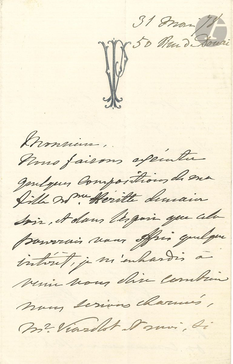 Pauline VIARDOT (1821-1910). L.A.S., 50 rue de Douai 31 mai 1878 ; 2 pages in-8. Invitation à une soirée : Nous faisons exécuter quelques compositions de ma fille Mme Héritte demain soir ...