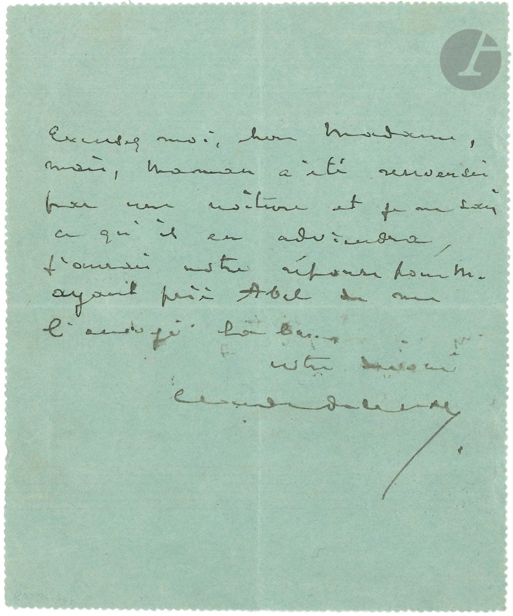 Claude DEBUSSY (1862-1918). L.A.S., [1er juin 1889], à Mme M.V. [Meyer Van Ysen] Peter ; 1 page in-12, adresse au dos (carte pneumatique fermée). Excusez-moi, chère Madame, mais Maman a été renversée par une voiture et je ne sais ce qu il en adviendra, j aurai votre réponse pour M. ayant prié Abel de me l envoyer là-bas ...