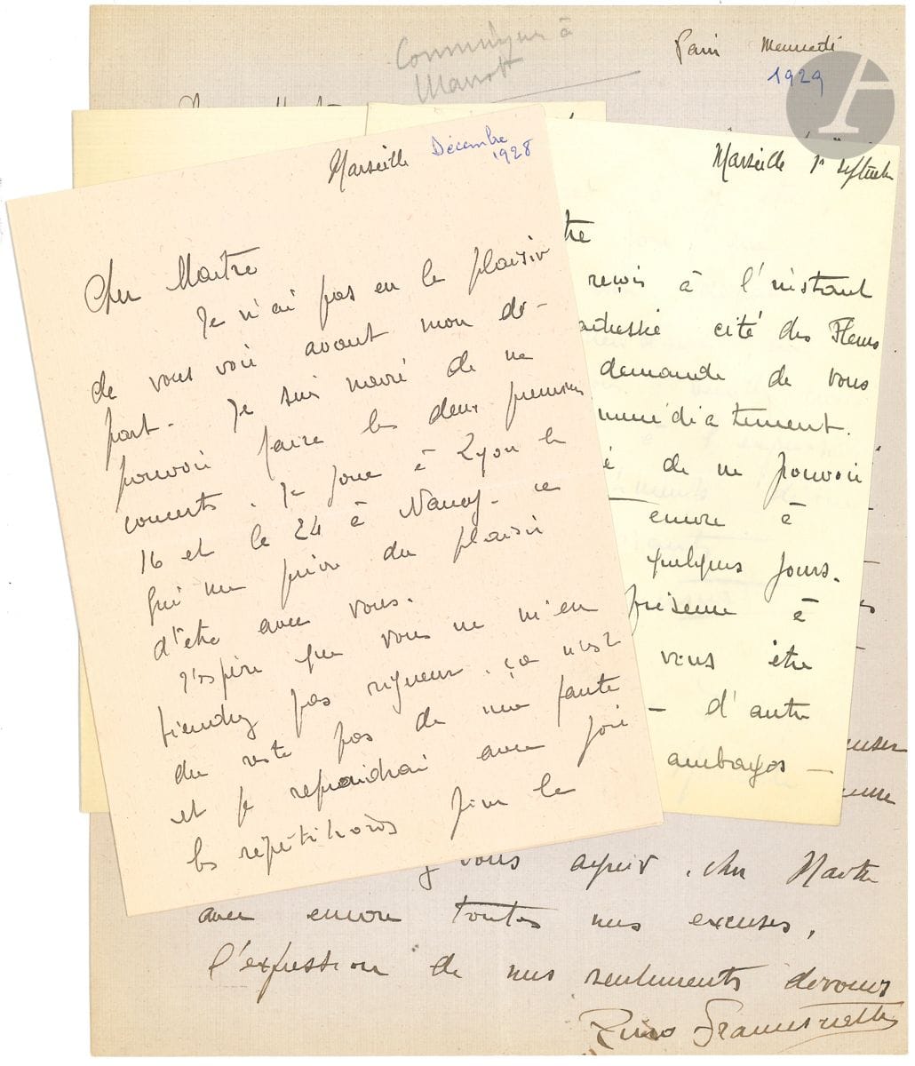 Zino FRANCESCATTI (1902-1991). 4 L.A.S., [1928-1929, à Walther Straram] ; 6 pages et demie in-4 ou in-8. Marseille [décembre 1928] : Je suis navré de ne pouvoir faire les deux premiers concerts. Je joue à Lyon le 16 et le 24 à Nancy ... Paris mercredi [février 1929] : souffrant de troubles et tremblements nerveux , il doit prendre un repos complet et ne pourra reprendre sa place à l orchestre avant mars... Marseille 1er septembre : il est à Marseille pour quelques jours, mais si sa présence peut lui être agréable et si sans ambages, j ai intérêt à y être , il avancera son départ... Marseille 9 octobre : engagé le 13 janvier comme soliste à l Orchestre de Paris, il est privé du plaisir de jouer sous sa baguette : Est-ce bien sans rémission ? ... On joint un double de réponse dactyl.