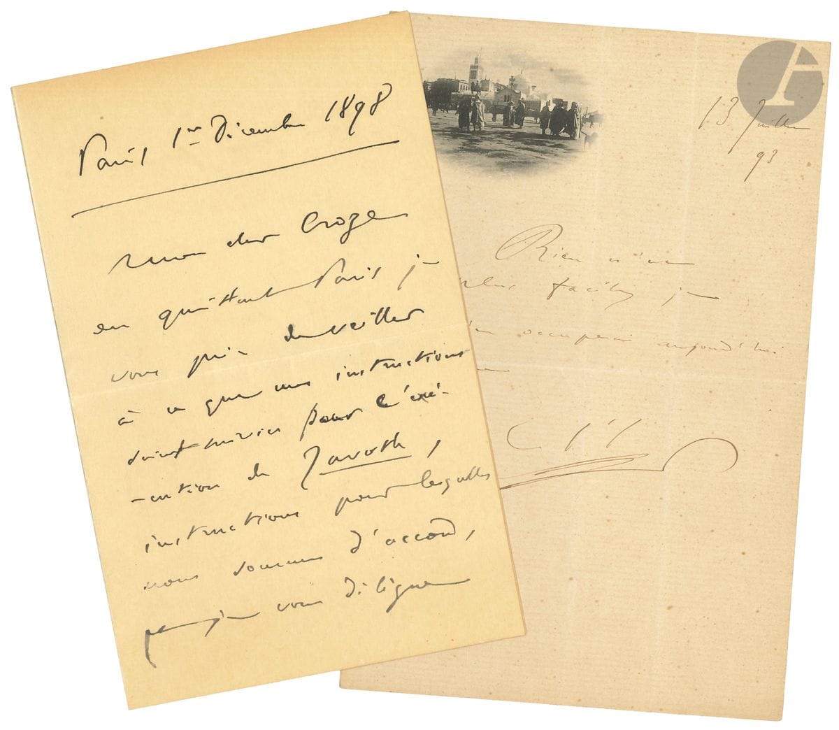 Camille SAINT-SAËNS (1835-1921). 8 L.A.S., 1893-1912, à Jean-Louis Croze ; 12 pages in-8 ou in-12, une enveloppe, une adresse. Amusante correspondance au librettiste de son ballet Javotte (1899). Rendez-vous ; dîners (au restaurant de la gare St Lazare où, à la lumière mystérieuse de lampes à incandescence électrique on peut tout en grignotant causer en toute sécurité ! ) ; exécution de Javotte (1er décembre 1898), pour laquelle il lui délègue tous les pouvoirs ; L auteur de la Tentation d Antoinette consent de grand cœur aux conditions que vous m avez proposées et s inscrira comme membre honoraire des Escholiers. Mr de Trédern m a chanté aujourd hui Là-bas [sur des paroles de Croze] d une merveilleuse façon, avec une chaleur et un éclat ! Je ne vous dis que ça (Mercredi) ; EYPHKA ! Je jouerai Souvenirs d Ismaïlia (s.d.) ; le directeur de l Opéra attend l autorisation ministérielle (Londres 7 octobre 1912).... Plus un amusant billet de Croze : Maire Scie monde yeux I laid retroue V ce cher Sins anse. I laid tette O Canari . On joint un manuscrit autographe (1 p. in-fol.) de notes sur la gavotte danse à mesure binaire qui paraît originaire du 16e siècle [...] elle est devenue un morceau de fantaisie ; une L.A.S. à M. Boyer lui demandant 2 places ; un carton d entrée pour les obsèques de Saint-Saëns à l église de la Madeleine, et la brochure imprimée des discours prononcés à ses funérailles.
