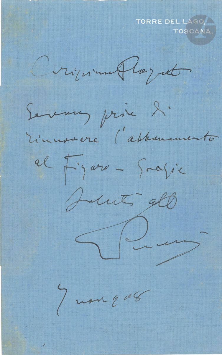 Giacomo PUCCINI (1858-1924). L.A.S., Torre del Lago November 7, 1908, to Louis Floquet, of the Ricordi house in Paris; 1 page large in-8 on blue paper, address on back; in French-Italian. Carissimo Floquet Je vous prie di rinnovere l abbonamento al Figaro ...
