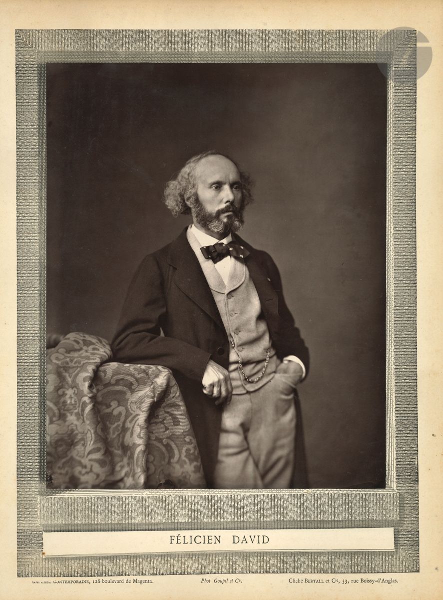 MUSICIANS. 5 photographs for the Contemporary Gallery; in-4 format. Félicien David (Bertall cliché), Charles Gounod (Mulnier), Fromental Halévy (Carjat), Charles Lecocq (P. Petit), Ambroise Thomas (Fontaine). Enclosed are 13 postcards of composers (Berlioz, Debussy, Fauré, Gounod, Liszt, Massenet, Poulenc, Puccini, Ravel, Roussel, Saint-Saëns, Verdi, Wagner); plus a photograph by Eug. Pirou (falsely identified as Saint-Saëns).