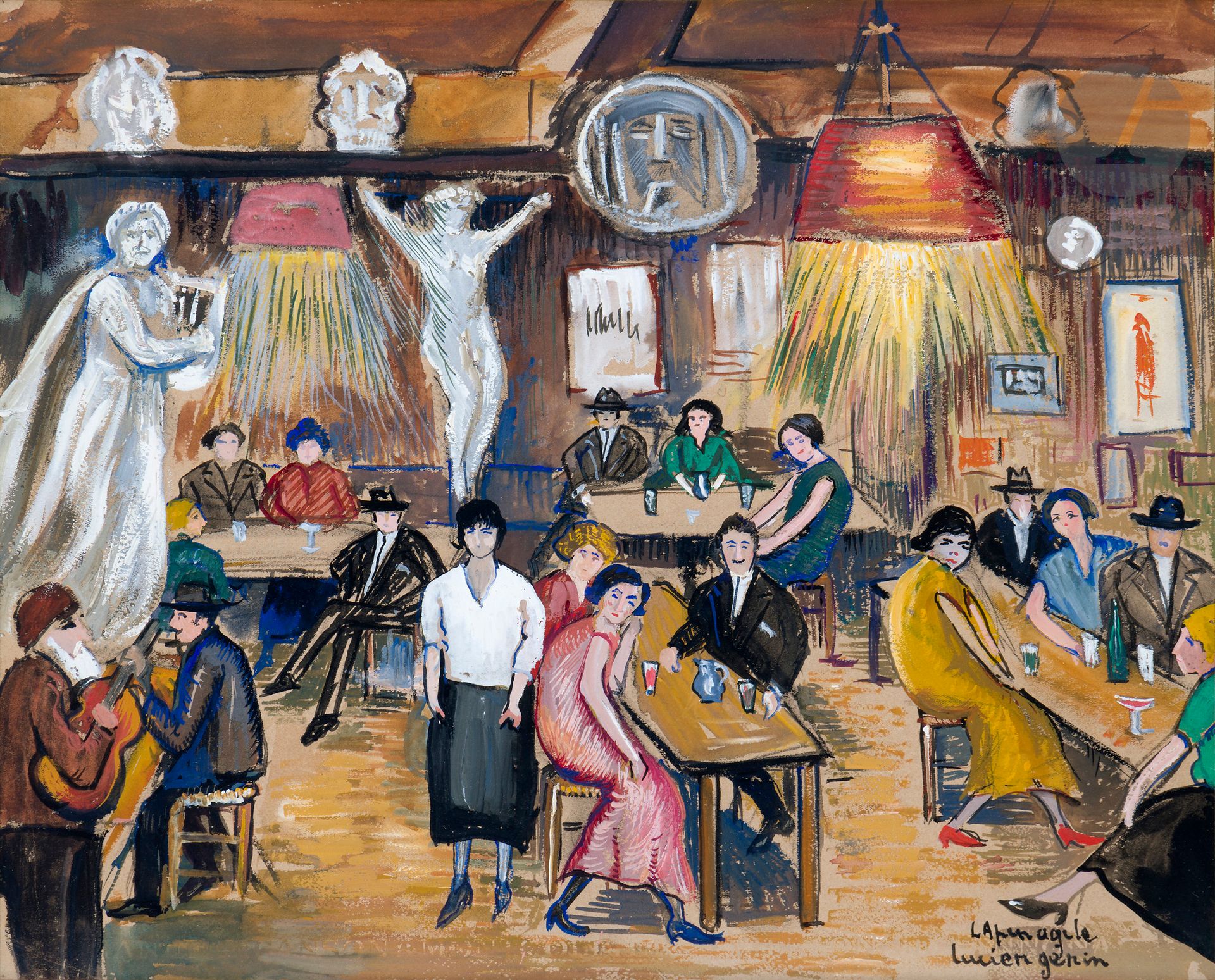 Lucien GENIN (1894-1953)
Au Lapin Agile, 1920
Gouache.
Signée et située en bas à droite.
38 x 46 cm

Provenance : 
Vente Me Cornette de Saint-Cyr, Hôtel Drouot, Paris, 7 décembre 1997, n° 202.

Expositions : 
- À Paris, Cafés d'artistes et leurs légendes : Montmartre, Montparnasse et Saint-Germain-des-Prés, Odakyu Museum, Tokyo, 13 octobre - 7 novembre 1999 ; Musée Préfectoral, Mié, 13 novembre - 23 décembre 1999 ; Sogo Museum, Yokohama, 2 - 31 janvier 2000 ; Daimaru Museum Umeda, Osaka, 2 - 21 février 2000 ; Musée de la ville, Takamatsu du 25 février - 26 mars 2000, catalogue, n° 4, reproduit p. 54.
- Lucien Genin, Mairie du 6e Arrondissement, Paris, 17 juillet - 7 septembre 2007.

On joint le catalogue d'exposition À Paris, Cafés d'artistes et leurs légendes : Montmartre, Montparnasse et Saint-Germain-des-Prés.