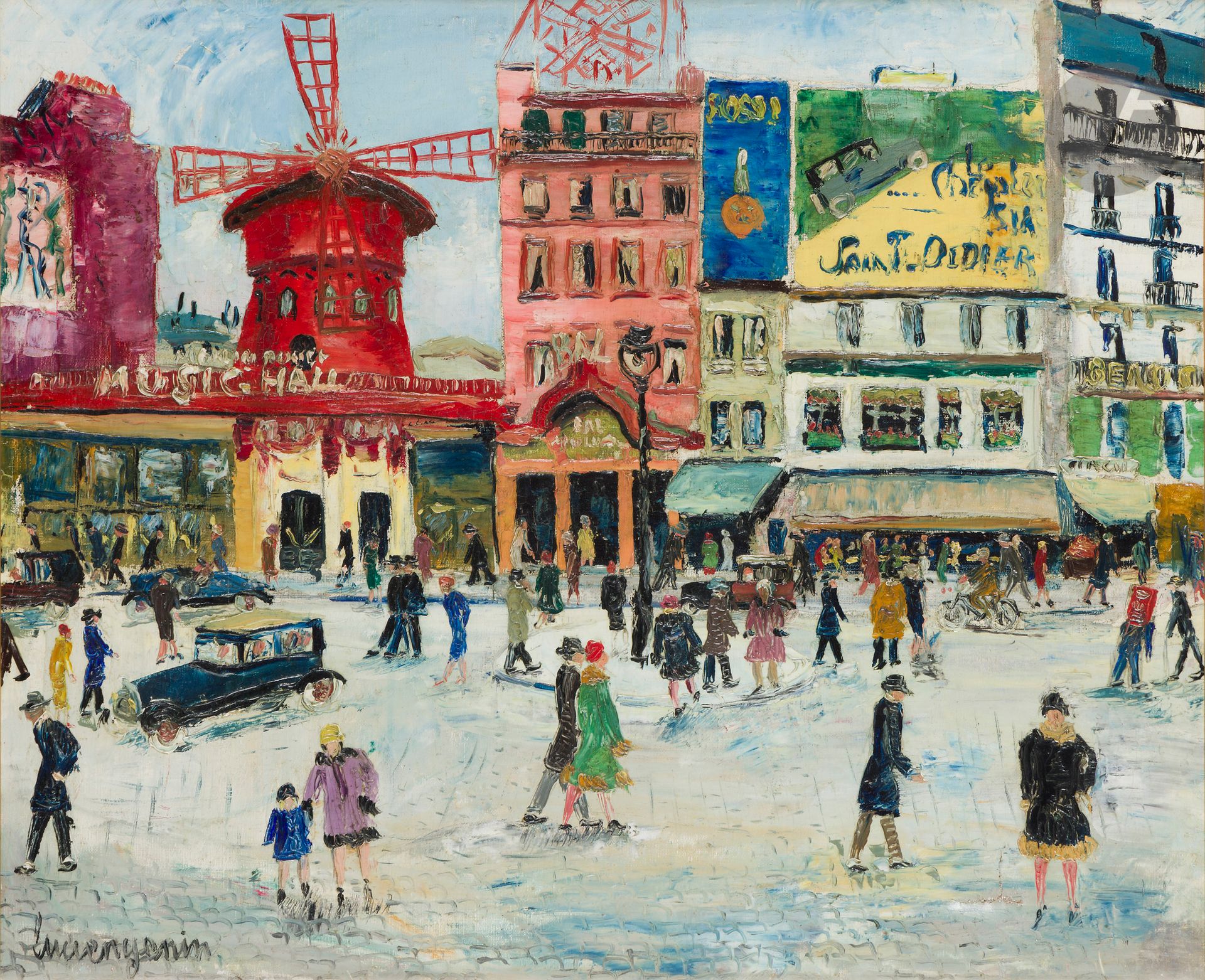 Lucien GENIN (1894-1953)
Paris, le Moulin Rouge
Huile sur toile.
Signée en bas à gauche. 
Signée au dos.
(Restaurations).
60 x 73 cm

Provenance : 
Vente Mes Chochon-Barre-Allardi, Hôtel Drouot, Paris, 18 décembre 1999, n° 230.