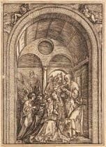 Albrecht Dürer (1471-1528)
La Sainte Famille avec deux anges dans une salle voûtée. Vers 1504. Gravure sur bois. 152 x 217. Hollstein, Meder 213; Bartsch 100.Bonne épreuve d?un tirage postérieur, avec cassure du bois dans la partie inférieure droite du sujet, rognée au trait carré et collée sur feuillet de vergé. Légère oxydation et petites rousseurs.