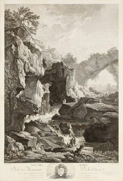 Jean Ouvrier (1725-1754)
Vue des Alpes; Vue des Apennins. Vers 1760. Gravé d?après J. Vernet. 345 x 505. Le Blanc 18-19. Belles épreuves. Petites amincissures au verso, consécutives à un désencadrement, et menus accidents aux bords des feuillets. Petites marges. Ens. 2 p.