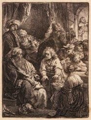 Rembrandt Harmensz. van Rijn (1606-1669)
Joseph racontant ses songes devant sa famille. 1638. Eau-forte. 82 x 110. Bartsch 37; Hollstein 160. Très belle épreuve sur vergé mince, du 2e état (sur 5 selon Nowell-Usticke), le visage de l?homme au turban derrière Joseph et le rideau assombris par de nouvelles tailles, avant les tailles entre le bras gauche de Joseph et la joue de la femme, collée par les angles sur vergé et entourée de filets d?encadrement à la plume. Petite tache brunâtre au bord droit. Marges étroites.