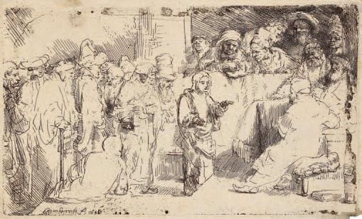 Rembrandt Harmensz. van Rijn (1606-1669)
Jésus Christ disputant avec les docteurs de la loi. 1652. Eau-forte. 215 x 127. B. 65; H. 257. Belle épreuve sur vergé mince, les traces de rouille sur le bord supérieur du cuivre très visibles à l?impression, avant les reprises à la manière noire par le capitaine Baillie. Infimes rousseurs et salissures. Petits arrachements dans les angles droits. Filets de marges.