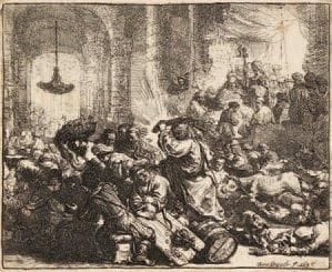 Rembrandt Harmensz. van Rijn (1606-1669)
Jésus Christ chassant les vendeurs du Temple. 1635. Eau-forte. 171 x 141. B. 69; H. 126. Très belle épreuve sur vergé, du tirage effectué par Jean (début XIXe s.), rognée sur le coup de planche, soigneusement lavée, portant au verso le paraphe de Naudet et une date (effacés). Rousseurs claires éparses, essentiellement visibles au verso.