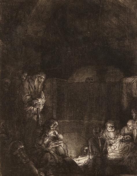 Rembrandt Harmensz. van Rijn (1606-1669)
Jésus Christ mis au tombeau. Vers 1654. Pointe sèche et burin. 160 x 210. B. 86 (iv/iv); H. 281. Belle et rare épreuve tirée avec teinte de fond, l?arrière-plan très noir, avec des tailles additionnelles dans les fonds, rognée au sujet. Petites traces de frottement en surface. Un point de rouille et deux infimes taches brunâtres visibles au verso. Léger pli oblique visible dans l?angle inférieur gauche au verso.