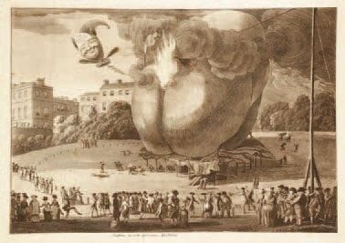 Paul Sandby (1730-1809)
Coelum ipsum petimus stultitia: The Burning of Keegan?s Balloon in Lord Foley?s Garden, Portland Place. (L?Embrasement du ballon de Keegan dans les jardins de Lord Foley). 1784. Eau-forte et aquatinte. 355 x 250. Impression en bistre. Belle épreuve. Bande de colle le long du bord supérieur au verso. Rousseurs éparses. Petits accidents aux bords du feuillet. Bonnes marges.