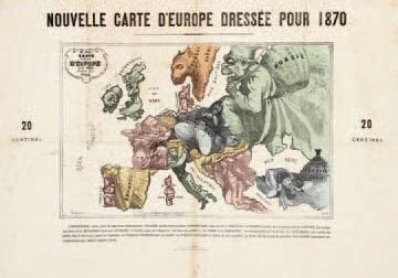 Cartographie. Paul Hadol. Carte drôlatique d?Europe pour 1870. Procédé photomécanique. [600 x 430]. L. Baridon, op. cit., p. 112-113. Bonne épreuve sur vélin mince, en coloris du temps. Rousseurs claires éparses. Nombreux plis verticaux et horizontaux, certains fracturés ou oxydés.