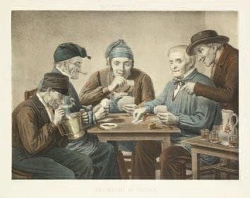 Jeux. Les Malins du village (joueurs de cartes). Série: Musée des moeurs en actions. Lithographie par Lafosse d?après Tordeux. 500 x 375. Bonne épreuve coloriée. Petit trou dans le sujet. Déchirures aux bords du feuillet. Bonnes marges. Cadre.
