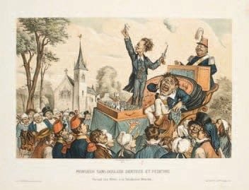 Dentiste. G. Gostiaux (1838- ?). Monsieur sans-douleur dentiste et pédicure / Faisant son Métier à la Satisfaction Générale. 1872. Lithographie. 510 x 330. I.F.F. 9. Très belle épreuve en très beau coloris gommé du temps. Petites rousseurs éparses. Très courte déchirure en pied. Large auréole claire d?humidité au bord gauche (visible essentiellement au verso). Toutes marges.