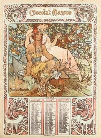 Art publicitaire; imagerie 1900. Un album factice toilé rouge contenant des cartes de circonstance, cartes publicitaires, la majorité sur le chocolat, dont les 4 planches du calendrier pour 1898 illustré par Mucha pour le «Chocolat Masson, chocolat mexicain»; nombreuses autres cartes et vignettes sur le dentifrice, la corrida, les magasins de nouveautés, le savon, les chemins de fer, les costumes, la parfumerie, etc. Chromolithographies et vignettes collées en plein sur les feuillets recto et verso.