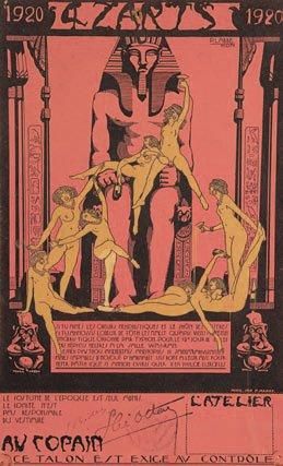 Quat? z?arts. Un lot de cartes d?invitation au bal des Quat? z?arts (années 1911-1928) illustrées par G. Barbier, Castaing, Giraud, Labbé, Rapin, etc. Bois gravé ou procédé photomécanique. Formats divers. Impression en couleurs. Bonnes épreuves, certaines avec le talon. Petits accidents aux bords du feuillet. Ens. 11 p.