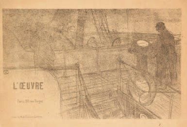 Henri de TOULOUSE-LAUTREC (1864-1901)
Théâtre de l?oeuvre. Prospectus-programme pour la saison 1895-1896. Lithographie. 340 x 210. Wittrock 143; Aitken 76. Impression en noir bistré. Très belle et fraîche épreuve sur un feuillet de vélin grège fort à trois volets (dim. totale: 1105 x 245), avec textes typographiés en français, anglais et néerlandais, illustré en outre de fac-similés de dessins par Doudelet, Denis, Vuillard, La Gandara et Vallotton.