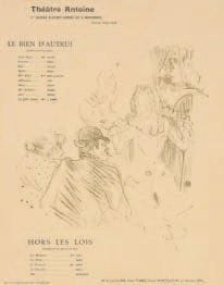Henri de TOULOUSE-LAUTREC (1864-1901)
Hommage à Molière: Le Bien d?autrui; Hors les lois. 1897. Programme pour le théâtre Antoine. Lithographie. [245 x 320]. W. 231; A. 35. Impression en vert olive. Belle épreuve sur vélin chamois. Pli horizontal médian. Courte déchirure en pied. Petits trous d?épingles et courts plis dans les angles. Toutes marges.